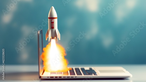 A small rocket takes off from a Laptop with vibrant color combinations in light sky blue and light gray colors for a website, business, and financial success concepts. AI Generative