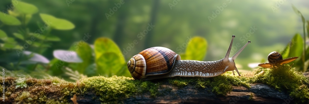 A Journey Through the Forest. Close-up of a Snail in the Forest with Natural Background. AI Generative A Journey Through the Forest. Close-up of a Snail in the Forest with Natural Background. AI Generative
