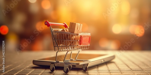 E-Commerce Shopping Cart with Multiple Products. A Sunlit Abstract Background. E-commerce concept. AI Generative