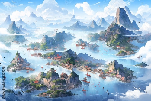 Whimsical Cartoons of Green Mountains in the Sky, Traditional Oceanic Art, Translucent Water, and Majestic Ports. AI Generative