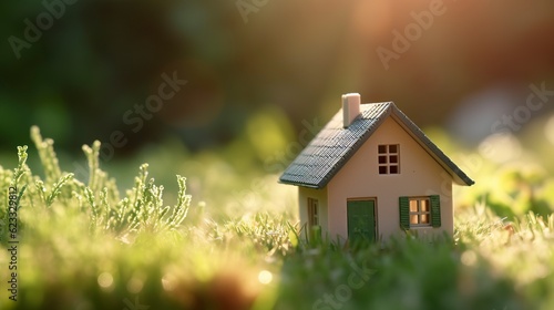 A Home for the Future. A Small Model Home in the Sunlight. Copy space of home and life concept. AI Generative © MstAsma