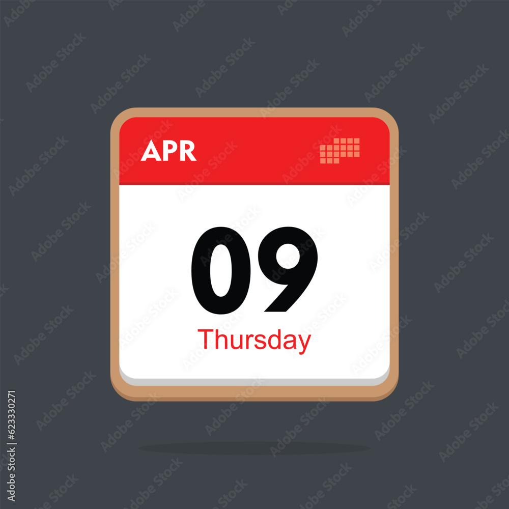 thursday 09 april icon with black background, calender icon