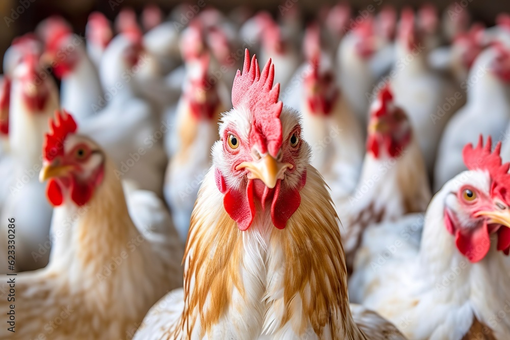 Fototapeta premium Chicken Farm with many healthy chicken and fresh eggs, AI Generative