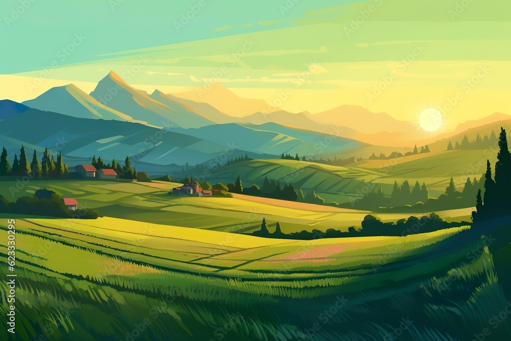 A Cartoony Landscape of a Green Field and Mountains. AI Generative