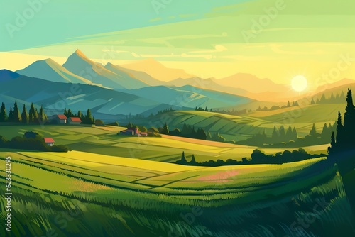 A Cartoony Landscape of a Green Field and Mountains. AI Generative