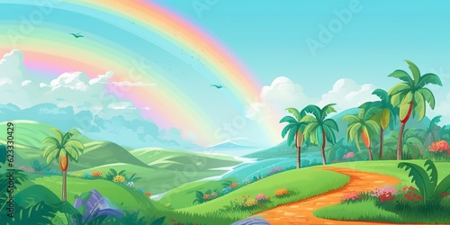 A Cartoon Children Page with a Rainbow and Palm Trees. A Fun and Educational Adventure. AI Generative