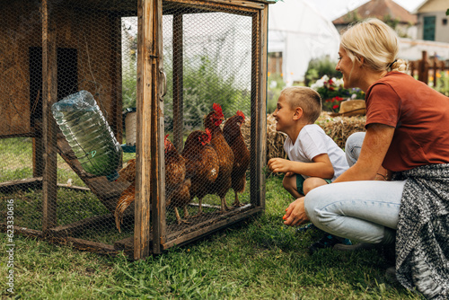Happy boy crouching in front of a chicken coop and looking at chickens with his mother. photo