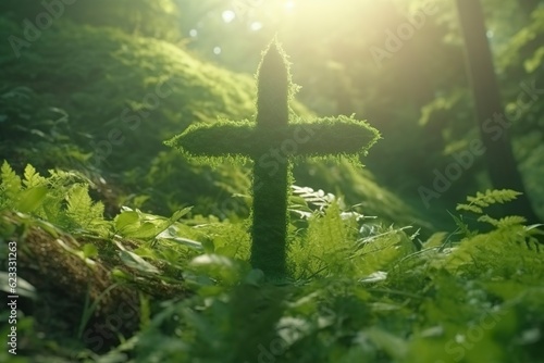 The cross of God with green Leaf, in the rays of the sun and blue sky. Cross on the hill with green trees and graeen natural view. Religious concept, AI Generative