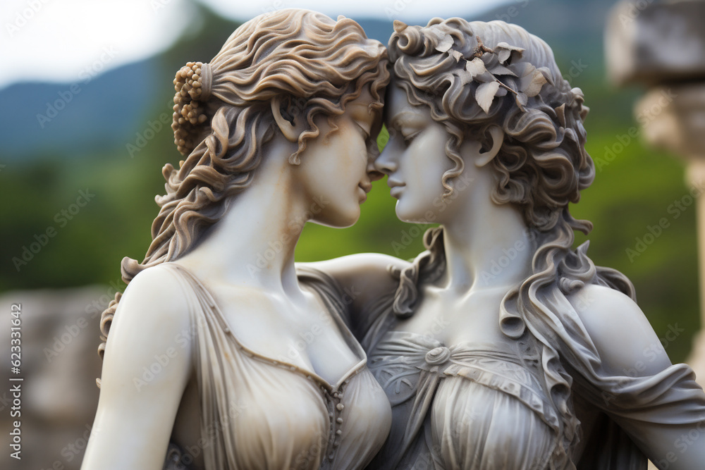 Profile of an ancient Goddesses marble statue with a lovely kiss, ancient city crystal blue light background. LGBT concept. AI Generative Profile of an ancient Goddesses marble statue with a lovely kiss, ancient city crystal blue light background. LGBT concept. AI Generative