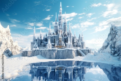 A Snowy Wonderland, A 3D Rendering of Elsa Castle in a Blue Snowy Mountain Background. AI Generative