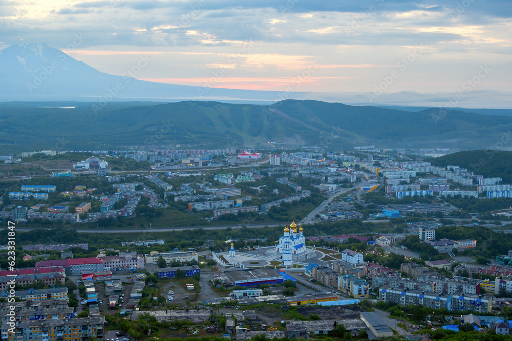 Morning cityscape. Top view of the cathedral, buildings and streets. Beautiful aerial city landscape. Holy Trinity Cathedral, City of Petropavlovsk-Kamchatsky, Kamchatka Krai, Far East of Russia.