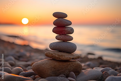 pebbles stacked on the beach with sunset in the background. AI Generative