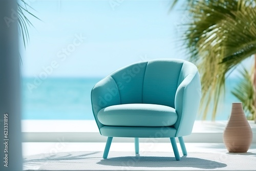 Photo of a modern light blue color armchair alone in the tropical background, AI Generative © MstAsma