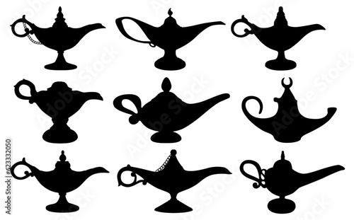 set arabian genie Lamp silhouette icon. Aladdin Lamp symbol design vector illustration