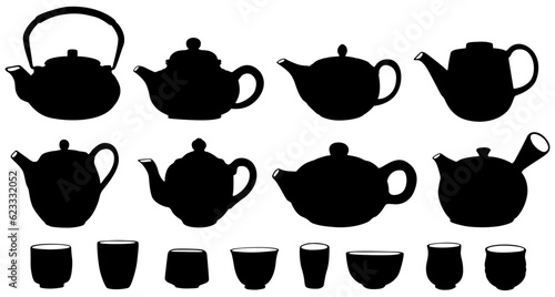 Set Japanese Teapot silhouette traditional icon. Japan teacup symbol vector Illustration