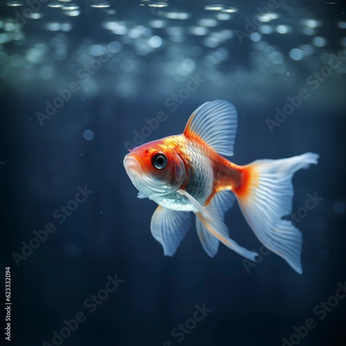 Beautifully colored goldfish swim in the clear aquarium water. 3d animation swimming goldfish. AI Generative
