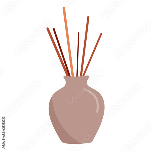 Incense Sticks in pot. Vector cartoon illustration isolated on white.