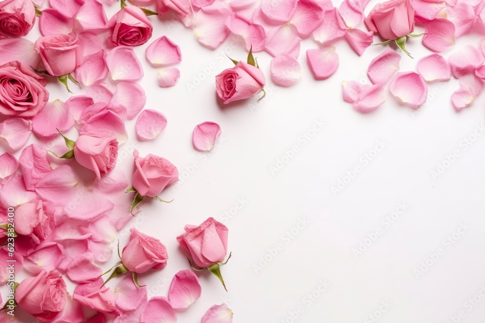 Close up of blooming pink roses flowers and petals isolated on white table background. Floral frame composition. Decorative web banner. Empty space, flat lay, top view. AI Generative Close up of blooming pink roses flowers and petals isolated on white table background. Floral frame composition. Decorative web banner. Empty space, flat lay, top view. AI Generative