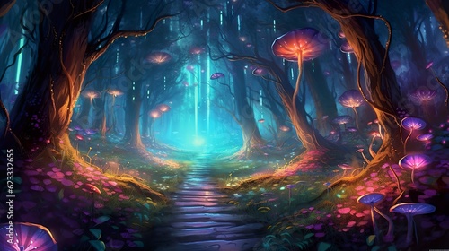 Fantasy fairy tale background with forest and blooming path. Fabulous fairytale outdoor garden and moonlight background. AI Generative