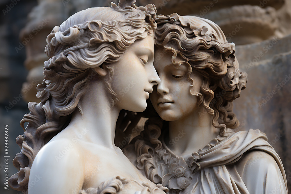 Profile of an ancient Goddesses marble statue with a lovely kiss, ancient city crystal blue light background. LGBT concept. AI Generative