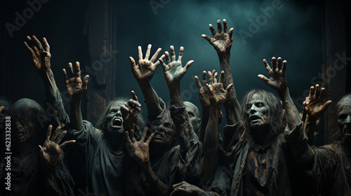 Many Zombie hands on the dark background. Generative Ai