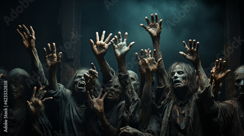 Many Zombie hands on the dark background. Generative Ai © andranik123