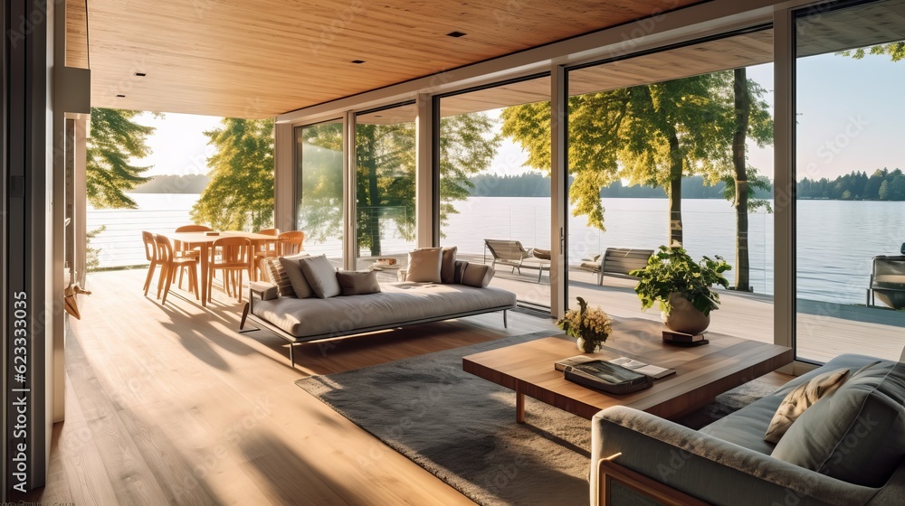 Fototapeta premium Villa beautiful home design and decor concept open view cozy contemporary living room area with natural sun light warm and cozy atmosphere home showcase design background,ai generate