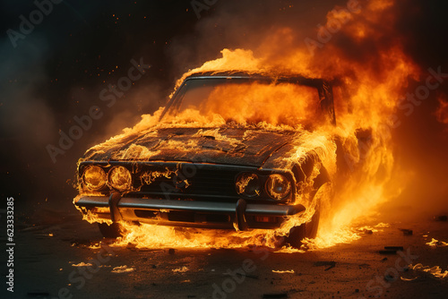Burning car on the street at night. Riot, arson, incident concept