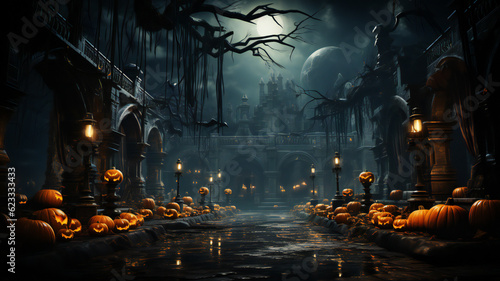 Halloween Night Dark and Scary Background for Spooky Designs and Horror Themes.Pumpkin Patch Magic Fantasy Wallpaper for Halloween Celebrations and Autumn Vibes. © NiK0StudeO