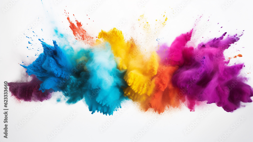 Colorful rainbow holi paint color powder explosion isolated white wide panorama background.
