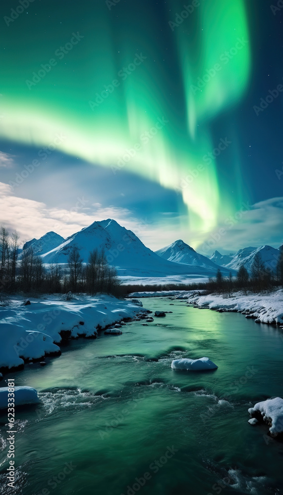 Aurora borealis, northern light over the fjord in winter. created with generative AI technology.