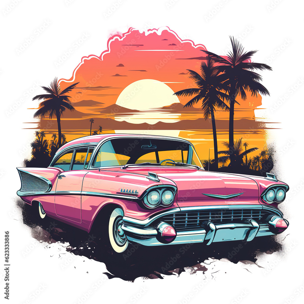 Vintage american car on sunset background. Vector illustration for your design created with generative AI technology.