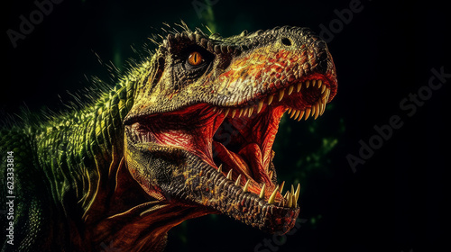 a tyrannosaurus rex growls angrily from the darkness. © Aliaksei