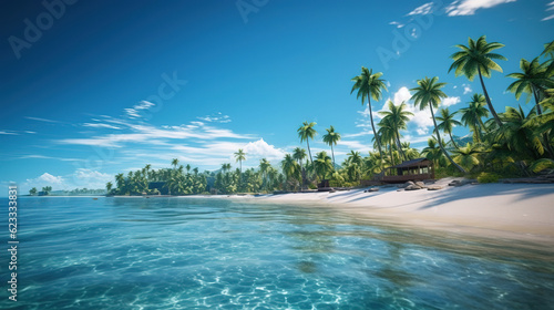 Beautiful tropical beach with coconut palm trees and blue sky. created with generative AI technology. © hakule