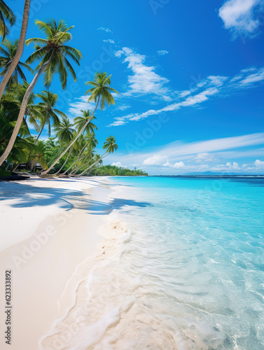 Beautiful tropical beach with coconut palm trees and blue sky. created with generative AI technology.