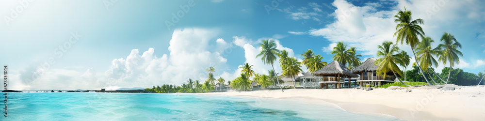 Beautiful tropical beach with coconut palm trees and blue sky. created with generative AI technology. Beautiful tropical beach with coconut palm trees and blue sky. created with generative AI technology.