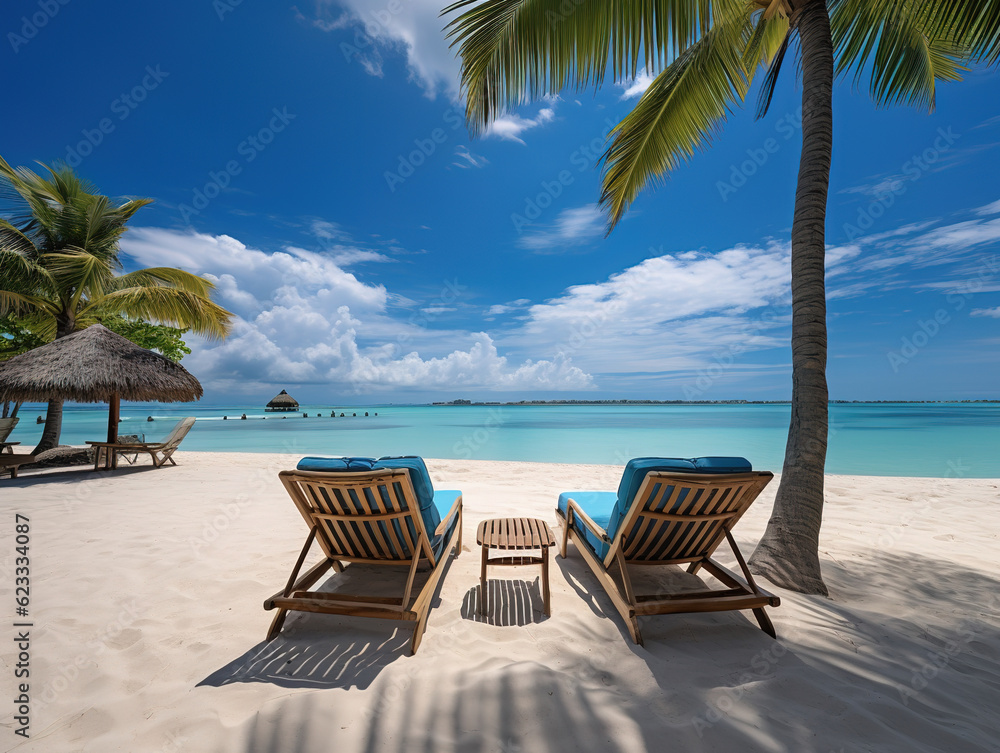 Beautiful tropical beach with coconut palm trees, beach chairs, umbrella and blue sky created with generative AI technology.