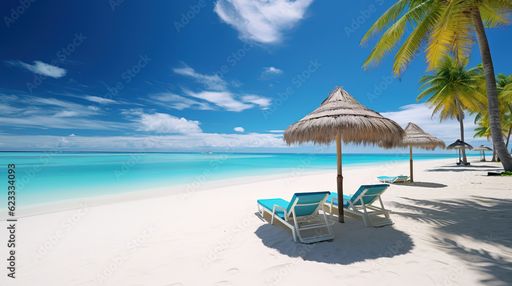 Beautiful tropical beach with coconut palm trees, beach chairs, umbrella and blue sky created with generative AI technology.