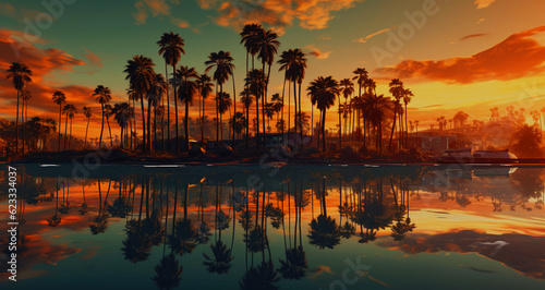Palm trees reflected in the water at sunset near the beach. created with generative AI technology.