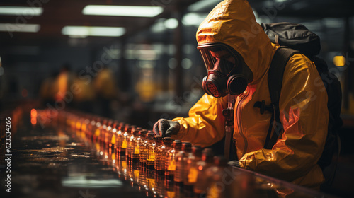 Worker wear protection suit checking chemical in factory. Generative Ai