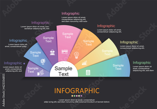 Vector semicircle infographic with fan segments showing 7 different color levels, space for text placed on dark gray background for presentation of financial education management show in modern style. photo