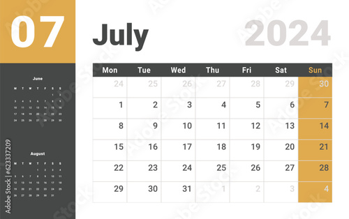 Monthly Calendar Template of july 2024. Vector layout simple calendar with week start Monday.