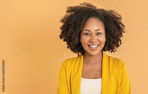 Portrait smile confident business designer black woman yellow suit office. Black business girl Startup successful power business leader women executive people looking copy space isolated on yellow photo