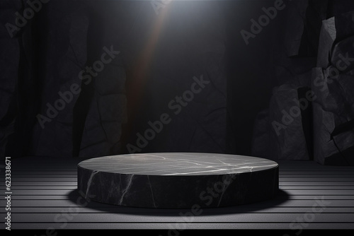 Black stone podium with sun shadow for product display in Rock shape background. Generative AI