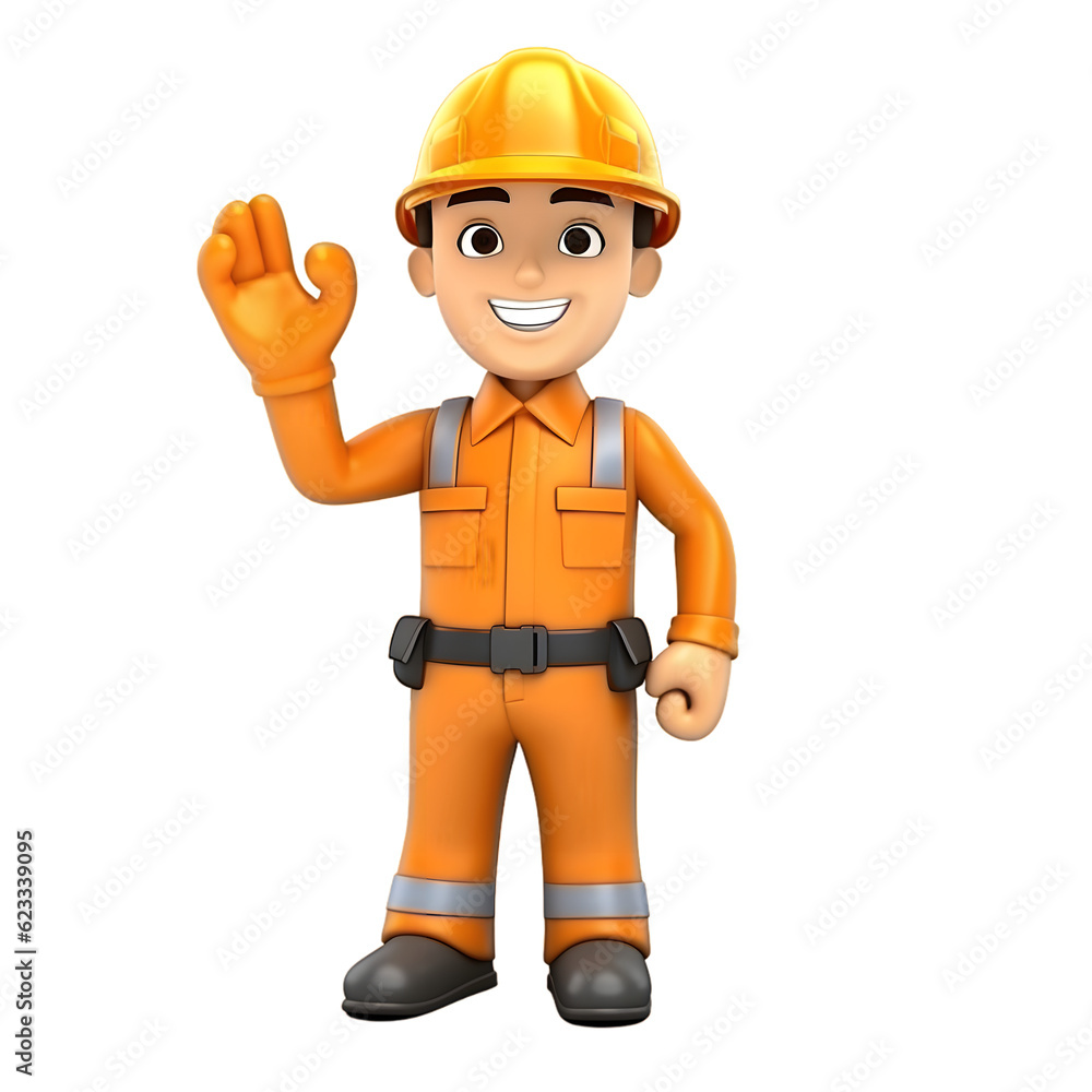 3D rendering, cartoon figure of a builder isolated