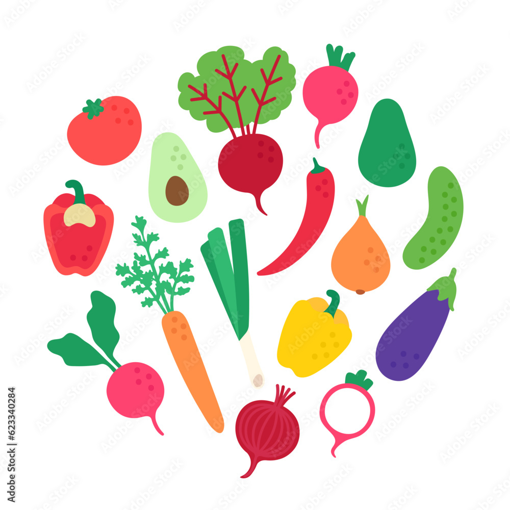 Flat set of vegetables in a circular composition. Simple illustration of fresh food on white background. Flat set of vegetables in a circular composition. Simple illustration of fresh food on white background.