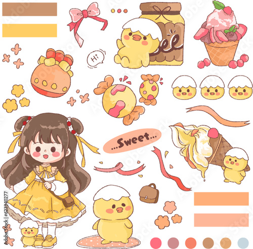 Anime cute girl with chick and desert
