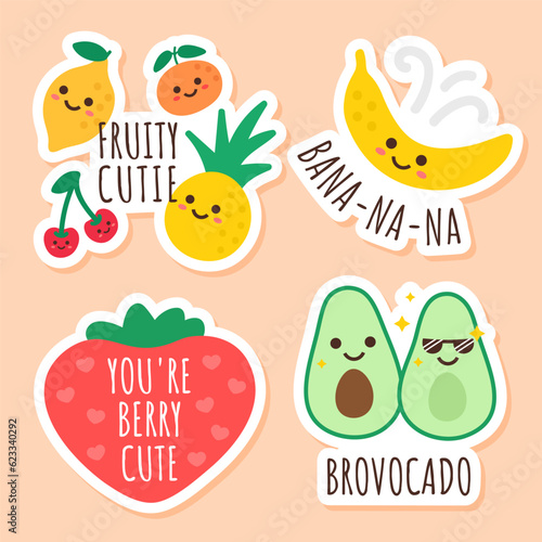 Funny vegetables and fruits characters with phrases. Set of isolated stickers with strawberry, avocado, banana.