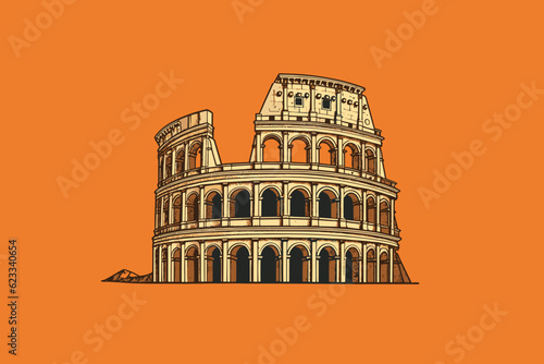 Fotografiet Doodle inspired Colosseum, cartoon sticker, sketch, vector, Illustration
