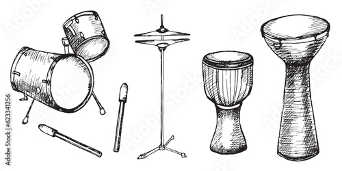 Drum kit, drumsticks vector illustration isolated. Musical instrument ink hand drawn. Percussion instrument black white silhouette. Design element for for flyer, live concert events, brochure, poster